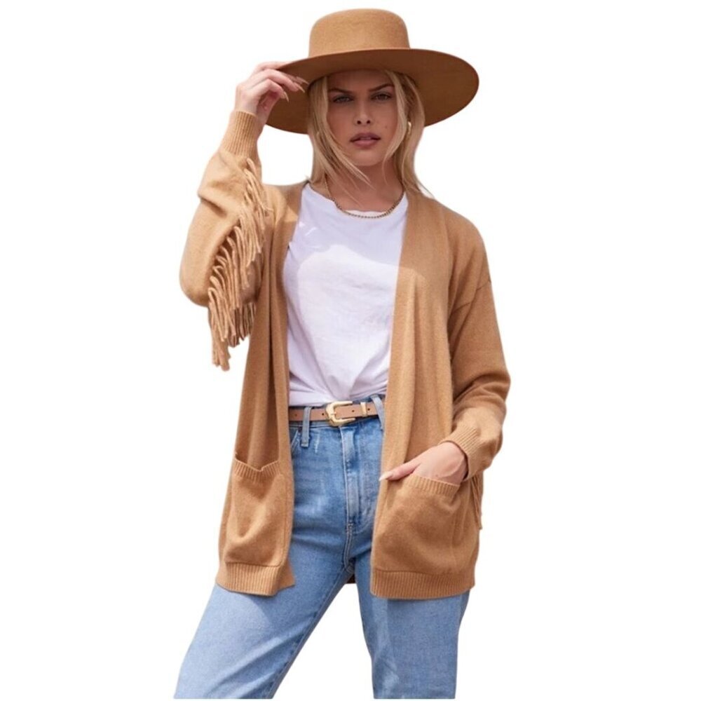 Minnie Rose Fringe Cardigan Caramel 100% Cashmere Open Front Pockets Size L